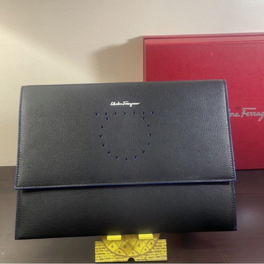 NIB Ferragamo Large Perforated Gancini Flap Closure Clutch/Wristlet
